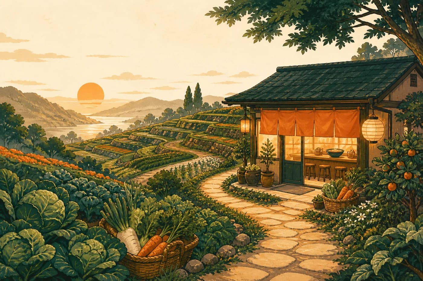 畑からラーメン店へつながる道のイラスト